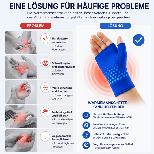 Grafik zeigt Probleme und Lösungen für Handgelenkschmerzen mit der blauen Wärmemanschette